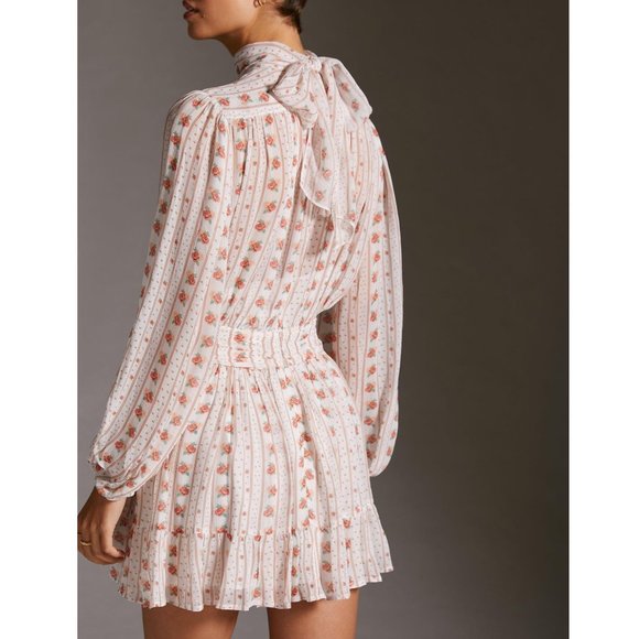 Anthropologie Let Me Be Mock Neck Sheer Mini Dress Pink Floral Combo - Medium - Picture 2 of 11